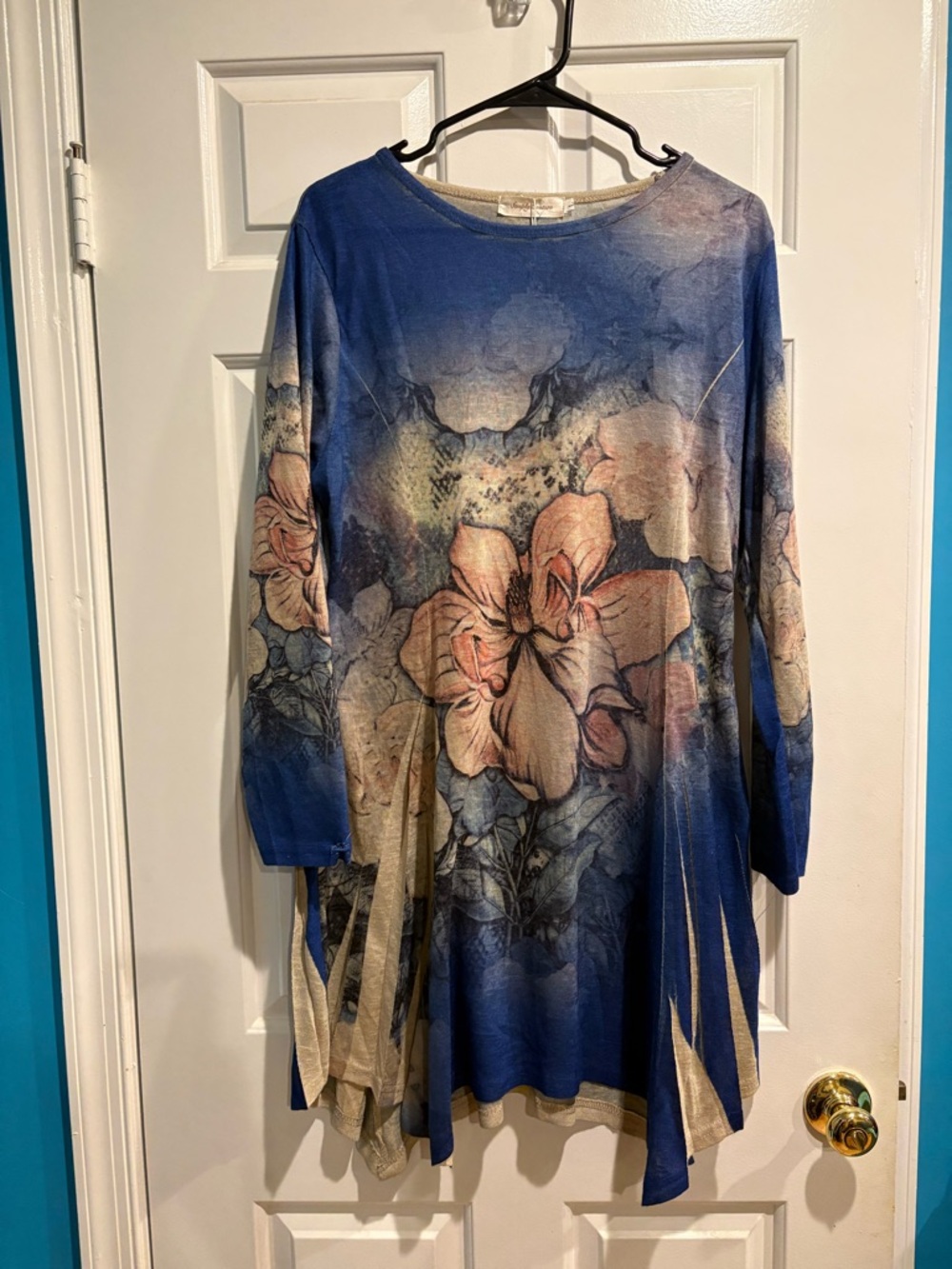 Simple Couture artsy  long sleeve tunic top floral sz L blue new NWT